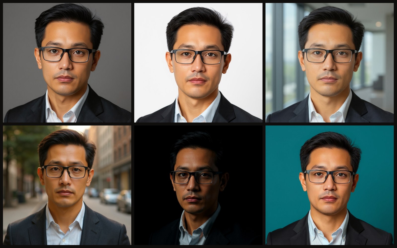 The same person rendered in six studio looks: editorial, studio, modern office, outdoor, press kit and creative